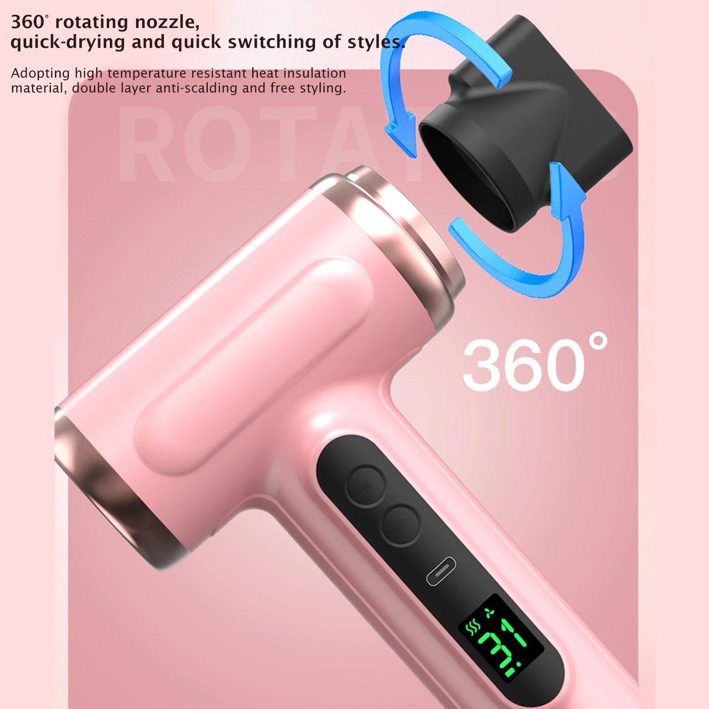 Portable Wireless Hair Dryer USB Charging Hair Dryer with Display Screen 3 Gears 3 Temp 15000mAh Battery Life for Travel Camping