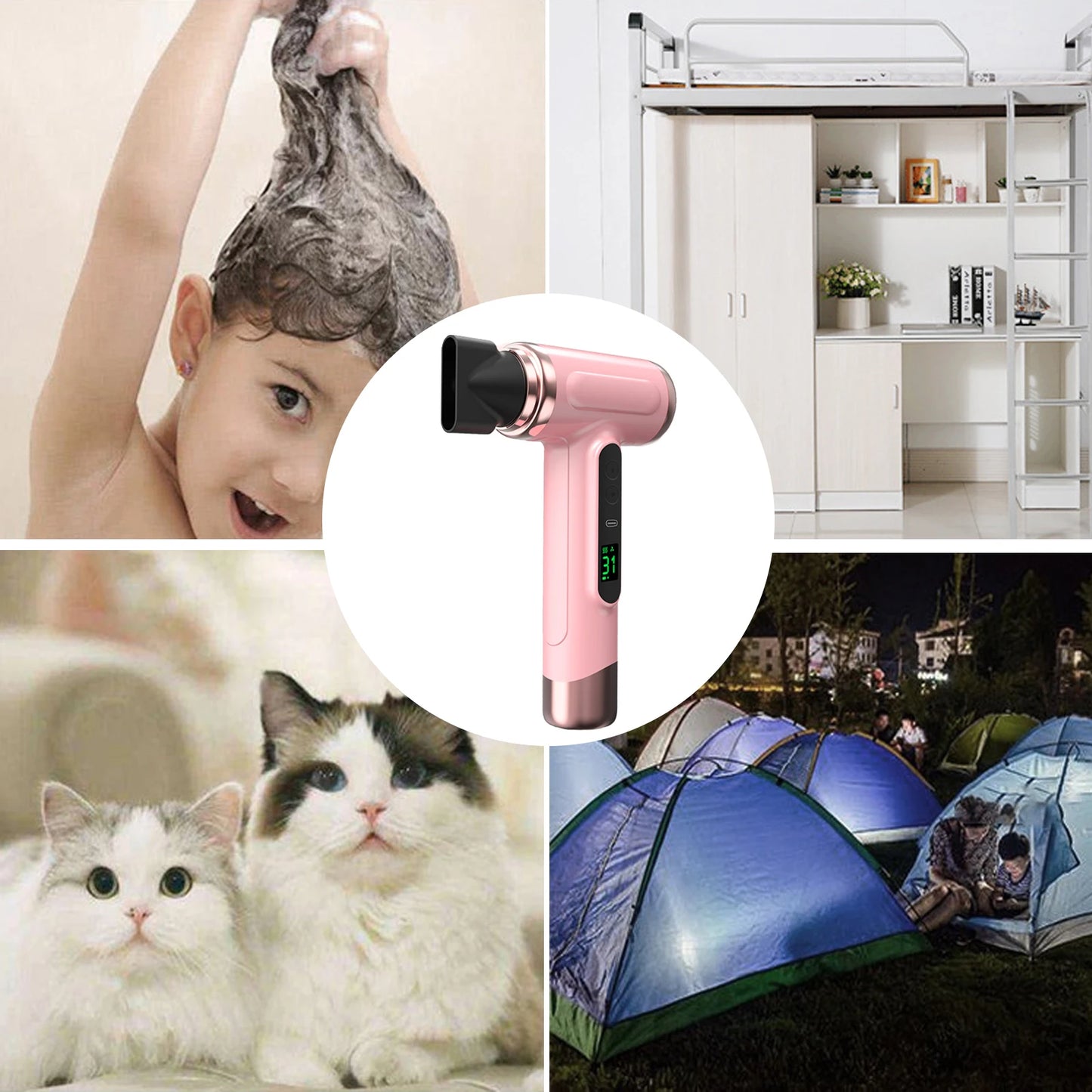 Portable Wireless Hair Dryer USB Charging Hair Dryer with Display Screen 3 Gears 3 Temp 15000mAh Battery Life for Travel Camping