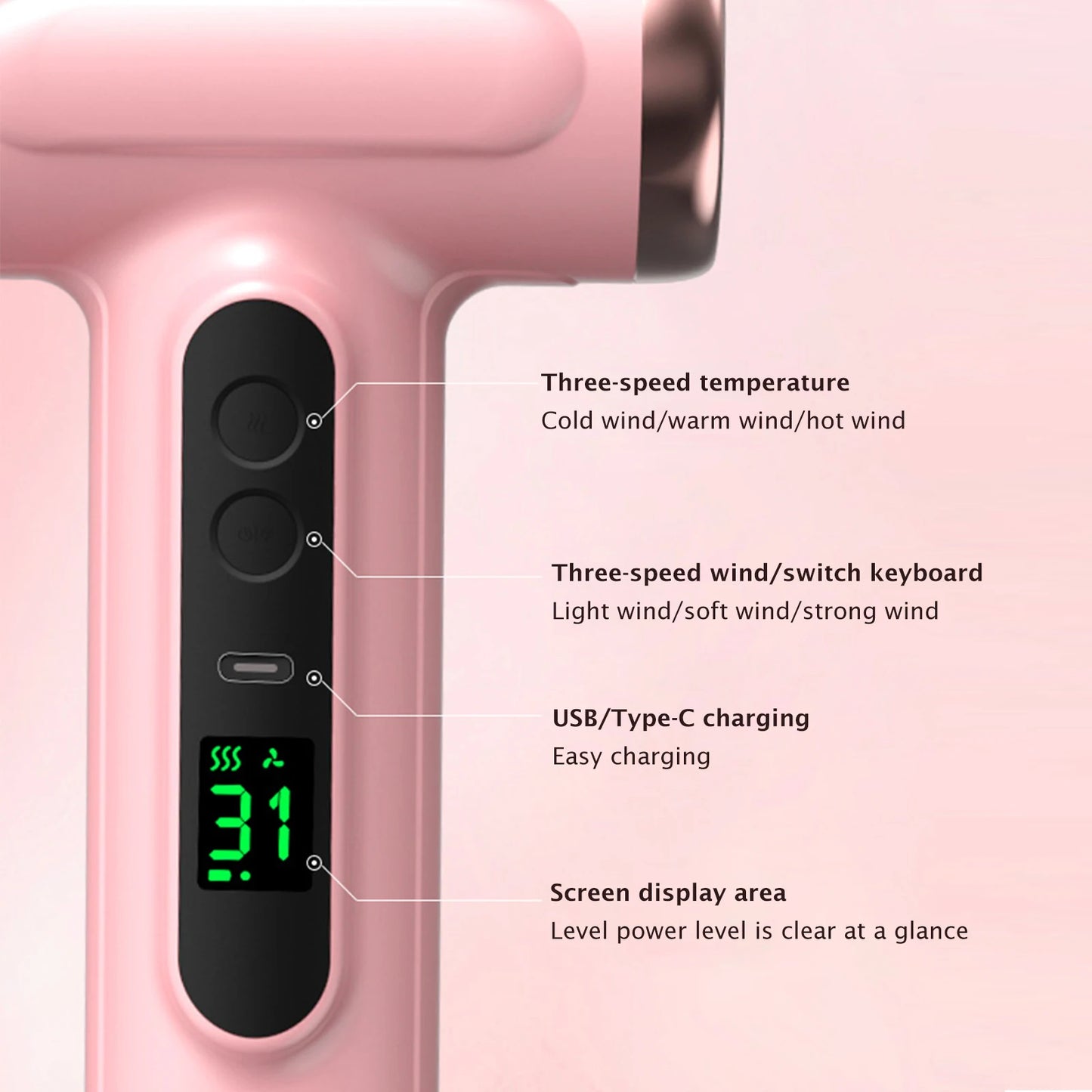 Portable Wireless Hair Dryer USB Charging Hair Dryer with Display Screen 3 Gears 3 Temp 15000mAh Battery Life for Travel Camping