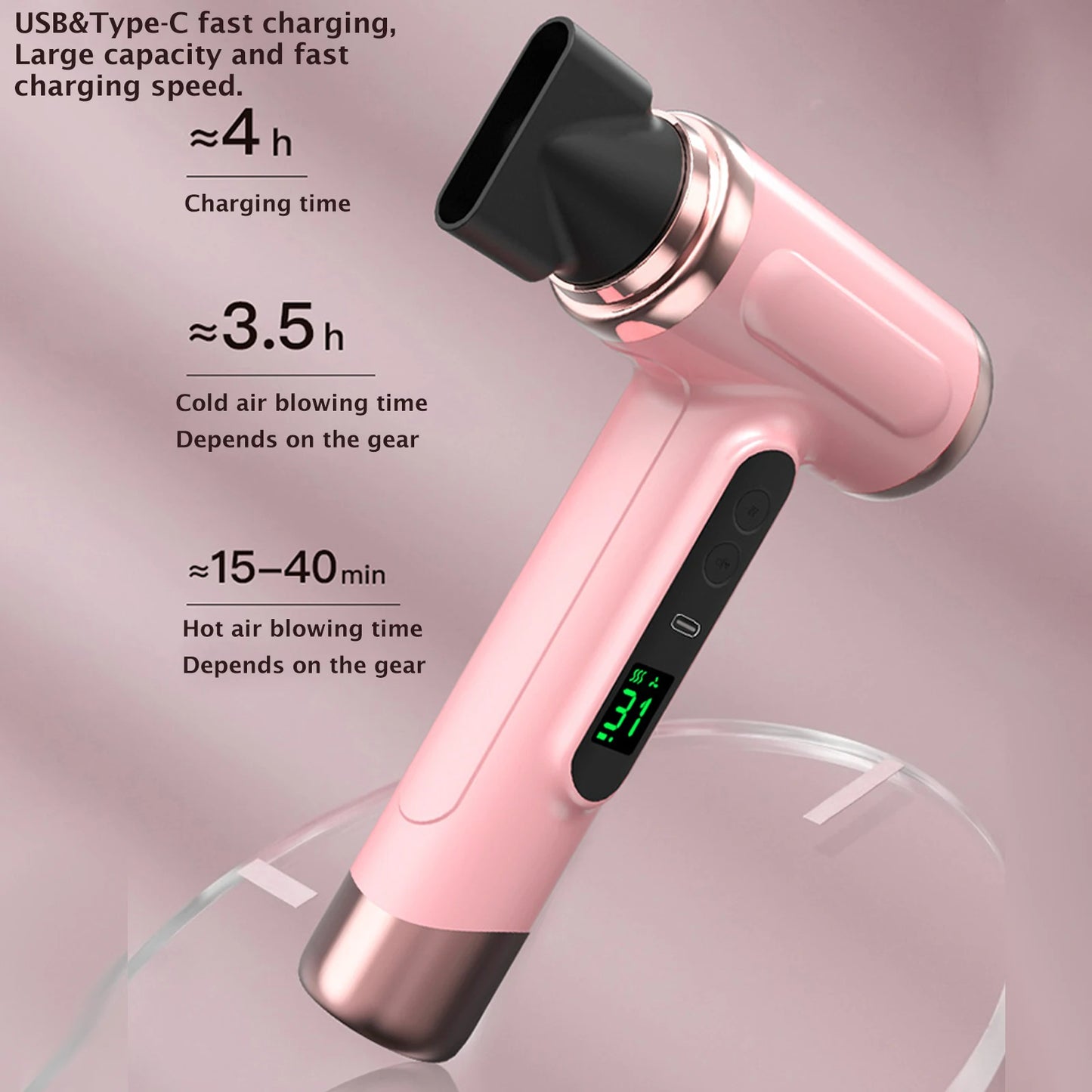Portable Wireless Hair Dryer USB Charging Hair Dryer with Display Screen 3 Gears 3 Temp 15000mAh Battery Life for Travel Camping